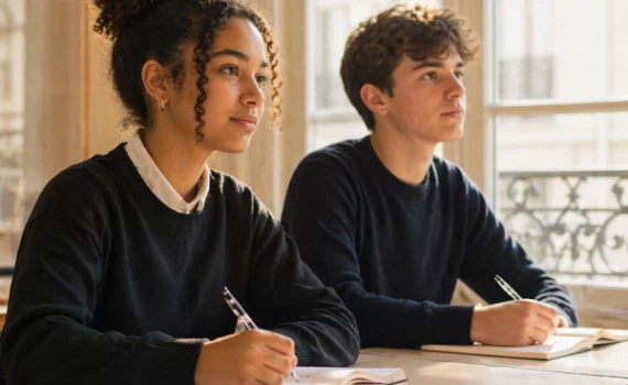 Two focused students writing in notebooks in a bright private school classroom in Paris, natural morning light and calm learning environment