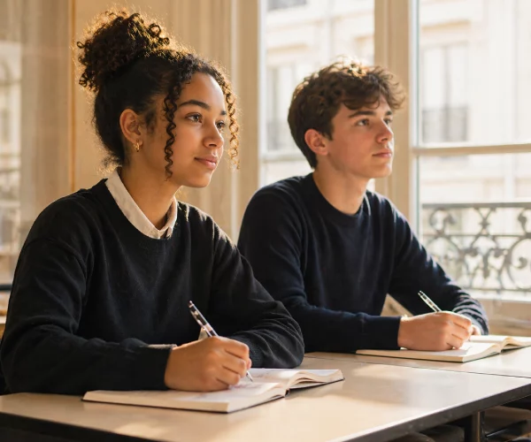 Two focused students writing in notebooks in a bright private school classroom in Paris, natural morning light and calm learning environment