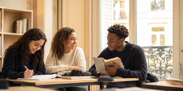 Three diverse students studying together in a bright classroom at a private bilingual high school in Paris, natural light and calm academic atmosphere