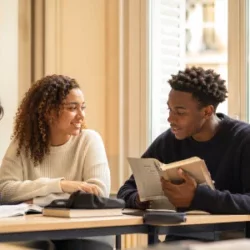 Trois élèves dans une salle de classe d’un lycée privé bilingue à Paris, étudiant ensemble.