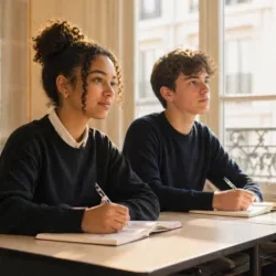 Two focused students writing in notebooks in a bright private school classroom in Paris, natural morning light and calm learning environment