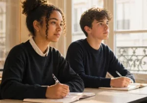 Two focused students writing in notebooks in a bright private school classroom in Paris, natural morning light and calm learning environment