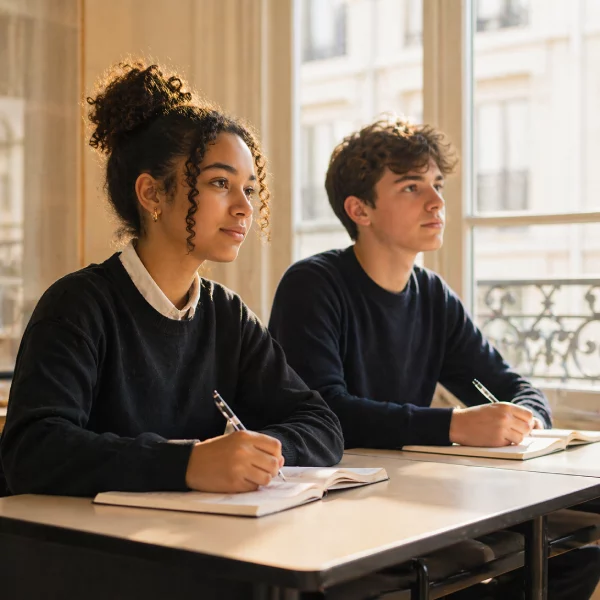 Two focused students writing in notebooks in a bright private school classroom in Paris, natural morning light and calm learning environment